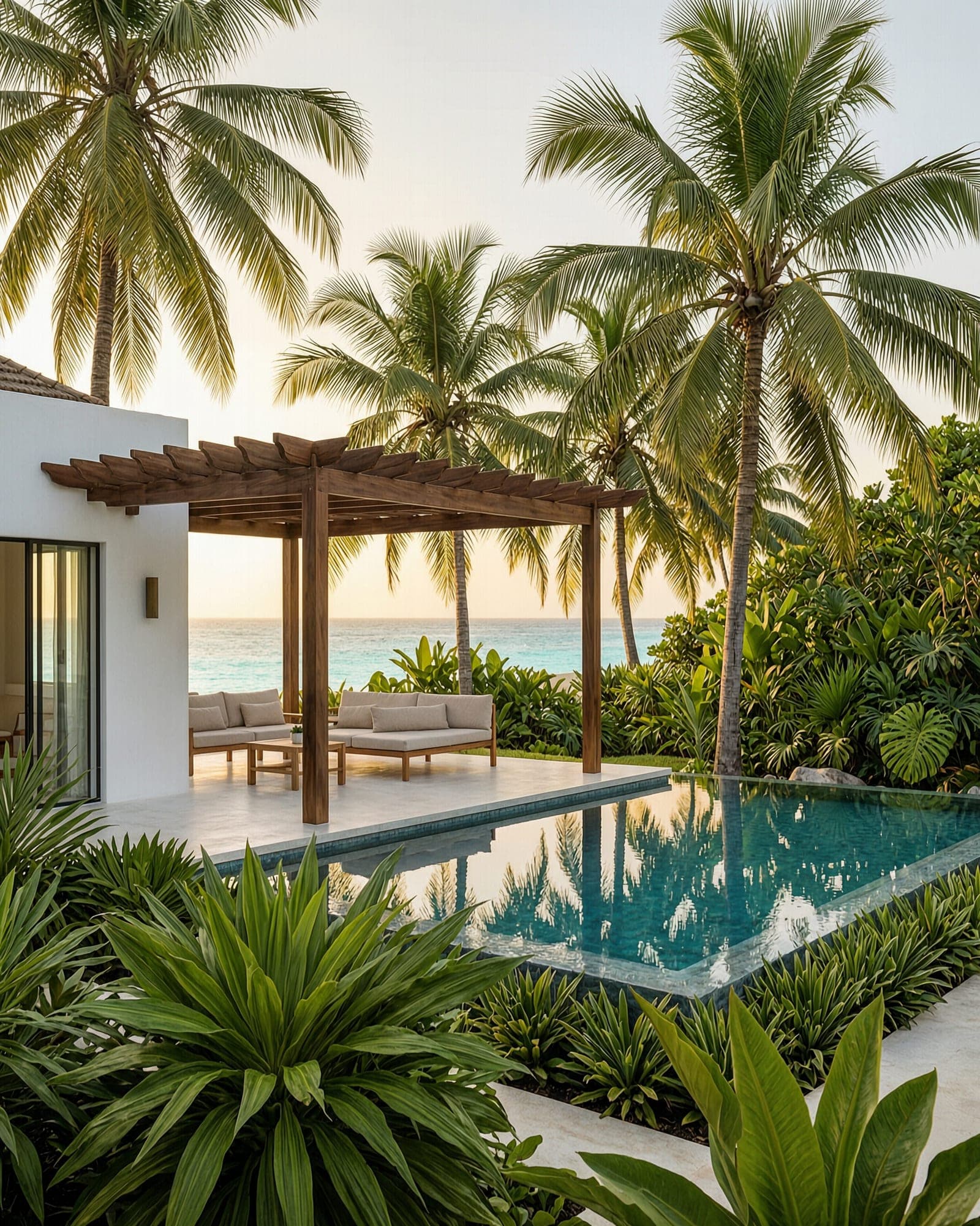A Caribbean villa with palms and a pool at golden hour