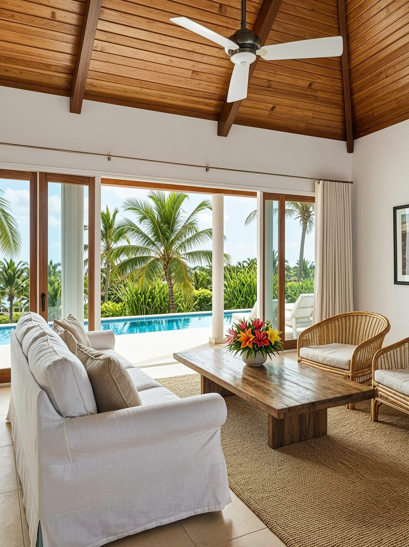 A bright open-plan villa living room staged for listing photos